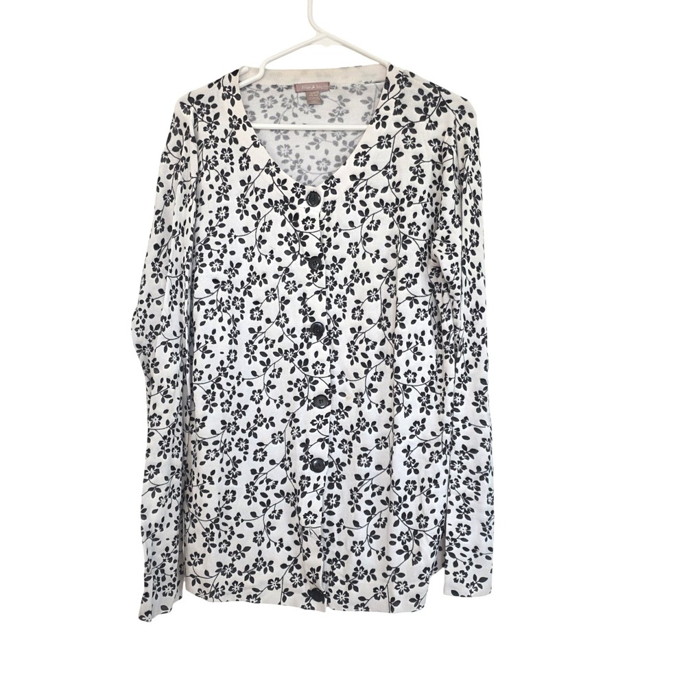 White Stag Womens Cardigan Sweater Black Floral Print V Neck Button Front L G